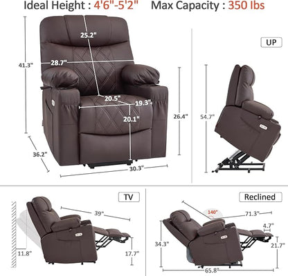 MCombo Small Power Lift Recliner Chair Sofa with Massage and Dual Heating, Adjustable Headrest for Elderly People Petite, USB Ports, 7111 (Single Motor, Dark Coffee)