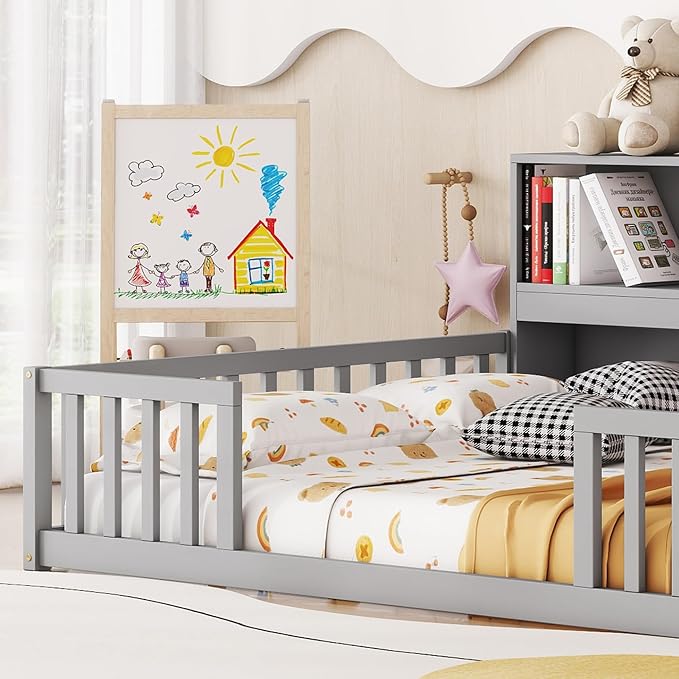 Bellemave Kids Montessori Floor Bed,Full Size Floor Bed with Bookcase and Shelves,Full Bed Frame with Guardrails for Kids,Girls,Boys,Full,Gray