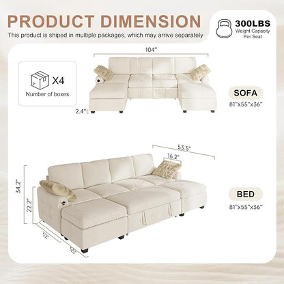 Hanherry 104" Sectional Couch with Pull Out Sofa Bed,Chenille Sleeper Sofa with Storage Ottoman & USB Charging,Comfy U Shaped Modular Couches for Living Room,Apartment
