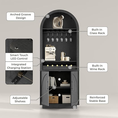 Fatmok 79" Arched Pantry Cabinet with LED Lights and Charging Station, 2-Piece Coffee Bar Cabinet with Wine Rack, Glass Holder and Adjustable Shelves for Kitchen Dining Room Living Room,Black Grey