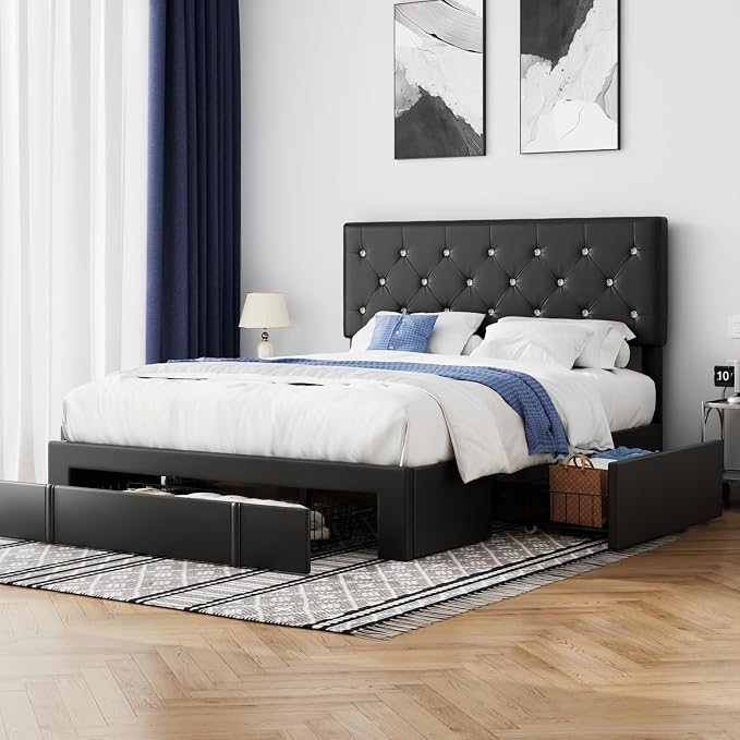 VECELO Full Size Bed Frame with 3 Storage Drawers, Leather Upholstered with Diamond Tufted Headboard, Solid Wood Slat Support & Steel Framework, Black