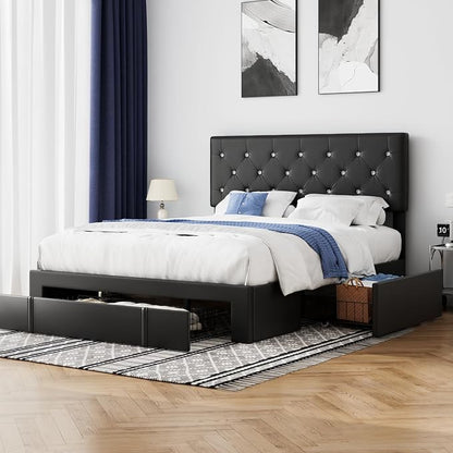 VECELO Full Size Bed Frame with 3 Storage Drawers, Leather Upholstered with Diamond Tufted Headboard, Solid Wood Slat Support & Steel Framework, Black