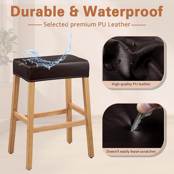 PU Leather Bar Stool Covers Rectangular, 100% Waterproof Stool Covers Rectangle Super Stretch 20% Thicker Leather Saddle Stools Cover Rectangular Counter Bar Stools with Elastic Band (6 PCS, Brown)
