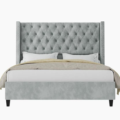 Jocisland King Size Bed Frame with 51.6” Wingback Tufted Velvet Headboard, Modern Upholstered Platform Bed, No Box Spring Needed, Easy Assembly, Light Grey