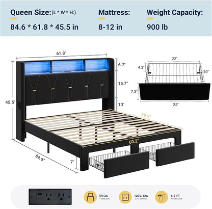 Allewie Queen Bed Frame with 2-Tier Storage Headboard, Charging Station & LED Light, Velvet Upholstered Platform Bed with 2 Drawers, Wingback Headboard, Gold Button Tufted, No Box Spring Needed, Black