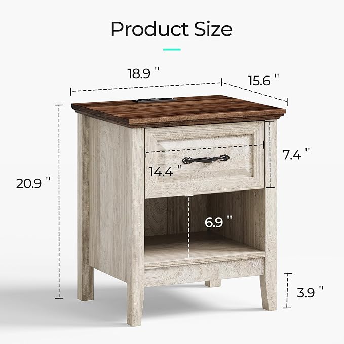 LINSY Night Stand 18.9" Farmhouse Wood Night Stand with Type-C Charging Station Open Storage Shelf Nightstands with Drawer Side Table End Table for Bedroom Living Room Sofa Couch Office Beige