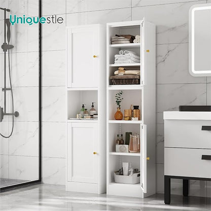 67" Tall Narrow Storage Cabinet with Doors and Open Shelf,Metal Pantry Cabinet,Shaker Style Slim Cabinet with Adjustable Shelves,for Bathroom Kitchen Laundry Small Spaces,White,1Pc