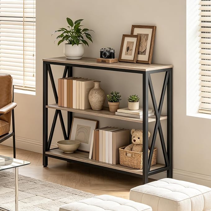 MAHANCRIS 31.5" Sofa Table, Industrial Console Table, 3-Tier Narrow Sofa Table with Storage Shelves, Foyer Table for Entryway, Hallway, Living Room and Bedroom, Easy Assembly, Greige CTHG8001Z1