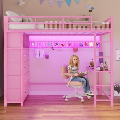 ADORNEVE Twin Size Loft Bed with Desk and 8 Storage Drawers, Metal Kids Loft Bed Twin with LED Lights & Charging Sation, Storage Shelves, 13.1" H Safety Guard & Ladder, No Box Spring Needed, Pink
