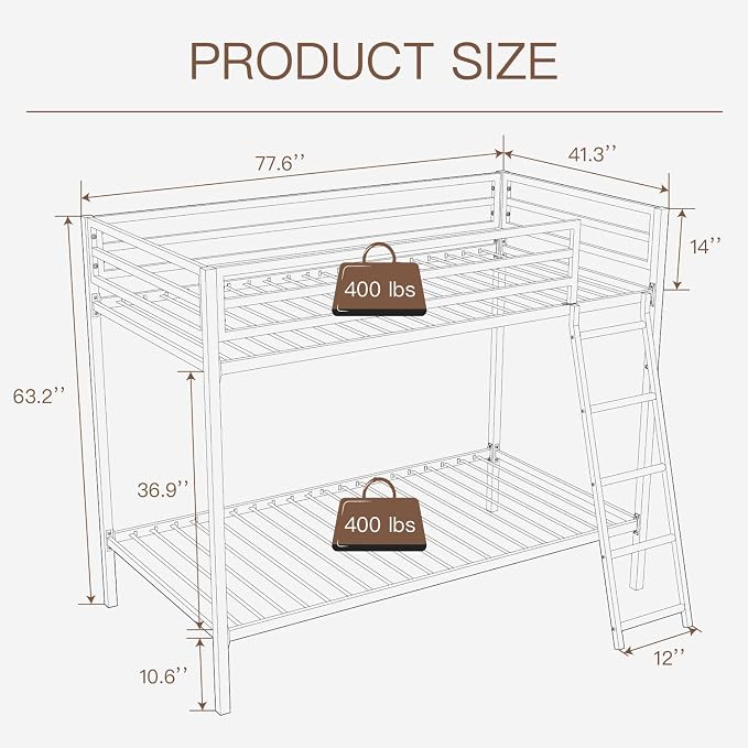 ikalido Metal Loft Bunk Bed Twin Over Twin Size with Ladder, Matte Black | Safety Guardrail,No Box Spring Needed, Space Saving Bedroom Furniture