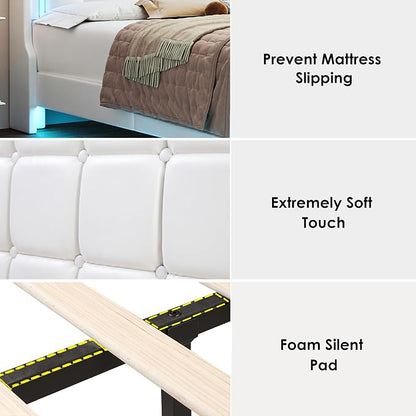 Keyluv Full Floating Bed Frame with Storage Headboard, LED Lights & Charging Station Platform Bed, Soft Upholstered PU Leather, USB/Type-C Ports, Easy Assembly, White