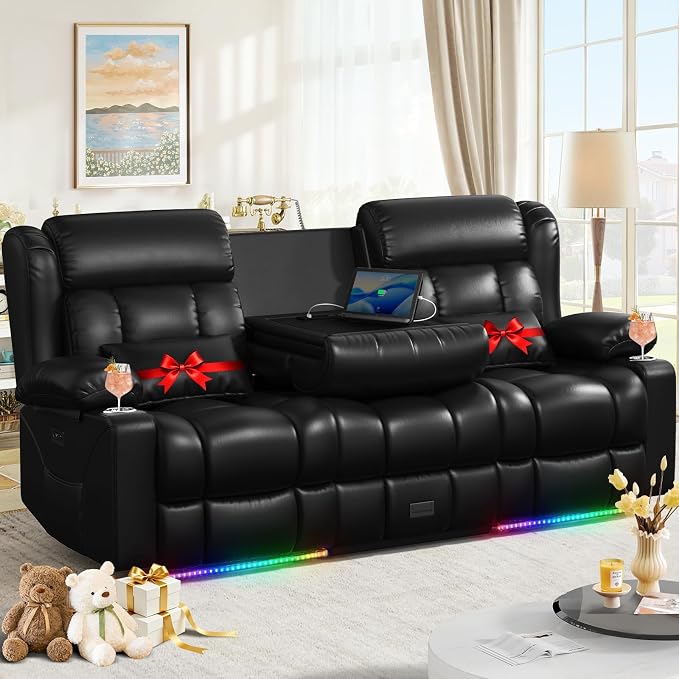Dresegmt Power Loveseat Recliner Sofa, Zero Wall Hugger RV Reclining Loveseat Couch with Flip Middle Backrest Design, 3 Seat Reclining Sofa with Storage Drawer, Power Recliner for Living Room (Black)