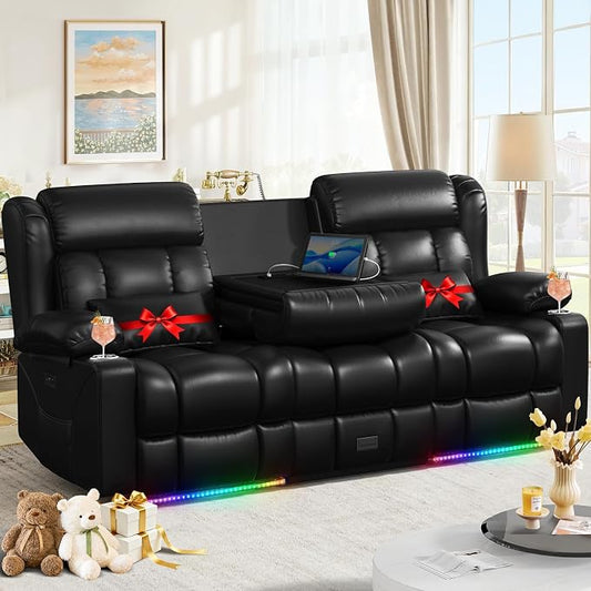 Dresegmt Power Loveseat Recliner Sofa, Zero Wall Hugger RV Reclining Loveseat Couch with Flip Middle Backrest Design, 3 Seat Reclining Sofa with Storage Drawer, Power Recliner for Living Room (Black)