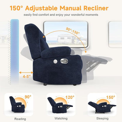 RV Loveseat Recliner Sofa, Wall Hugger Reclining Loveseat RV Couch with USB Ports, Cup Holders, Pockets, 150° Adjustable RV Furniture Velvet Fabric Recliners for Travel & Home Theater Seating