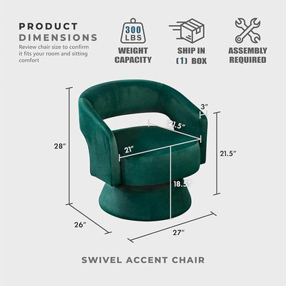 Lexicon 360 Degree Swivel Accent Chair, Modern Comfy Velvet Round Barrel Chair, Open Back, Plush Foam Cushions, Metal Swivel Base for Living Room/Bedroom/Office/Small Spaces, Green