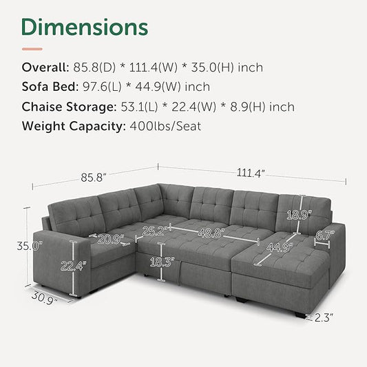 HONBAY Sleeper Sofa Bed with Storage Chaise, Sectional Couch with Pull Out Bed, U Shaped Sectional Sleeper Sofa Couch, Grey