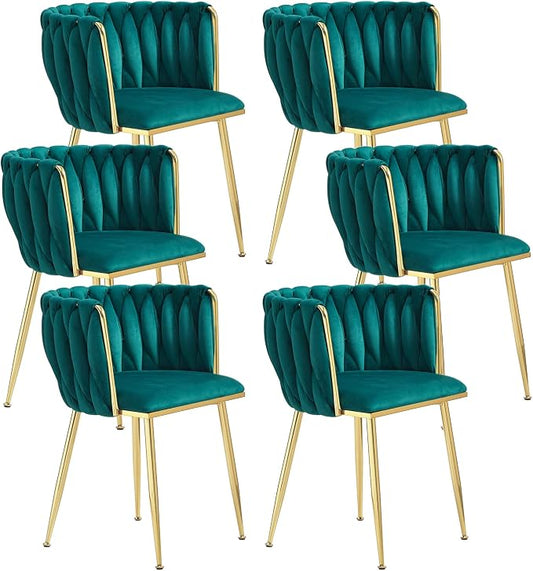 Velvet Dining Chairs Set of 6, Modern Upholstered Dining Room Chairs with Golden Metal Legs and Woven Backrest for Dining Room, Kitchen, Vanity, Living Room (Green)