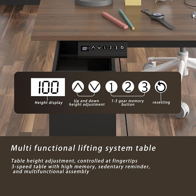 MOUMON Electric Standing Desk with Drawers and Shelves, Executive Adjustable Height Stand Up Desk, L-Shaped Design, 63 inch Tabletop, for Office Deep Brown and Black 63”W x 63”D x 28.9-45.3”H