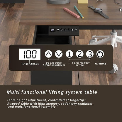 MOUMON Electric Standing Desk with Drawers and Shelves, Executive Adjustable Height Stand Up Desk, L-Shaped Design, 63 inch Tabletop, for Office Deep Brown and Black 63”W x 63”D x 28.9-45.3”H