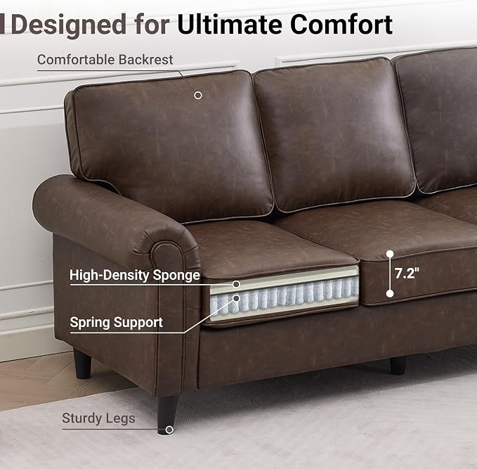 Kingfun Faux Leather 3 Seater Couch, Mid Century Modern Sofa with Rolled Arms and Deep Seats, Fluffy Comfort for Living Room, Apartment, Easy Assembly, Cocoa