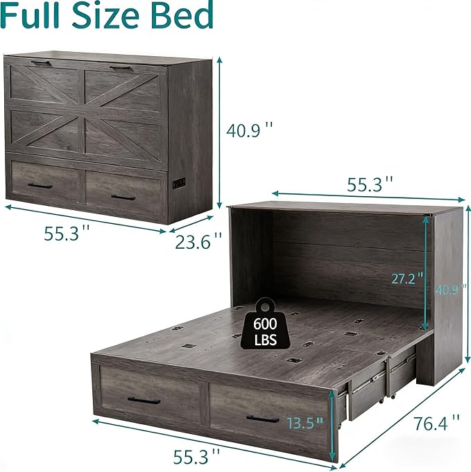 Murphy Bed Full Size Cabinet with Drawer Hidden Beds with Charging Station Farmhouse Wood Space-Saving Hidden Folding Chest Cabinet Bed for Bedroom, Office, School, Rustic Grey