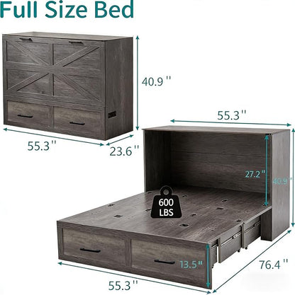 Murphy Bed Full Size Cabinet with Drawer Hidden Beds with Charging Station Farmhouse Wood Space-Saving Hidden Folding Chest Cabinet Bed for Bedroom, Office, School, Rustic Grey