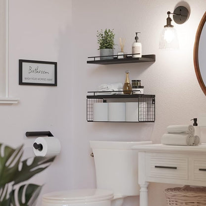 WOPITUES Floating Shelves for Wall Decor Sign, Bathroom Organizers and Storage, Bathroom Shelves Over Toilet with Metal Guardrail-Black