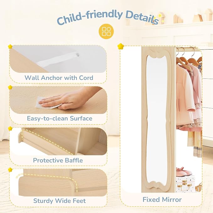 Curipeer Kids Dress Up Storage with Flower Mirror, Open Hanging Closet Wardrobe for Children, Kids Armoire & Costume Organizer for Bedroom Playroom Preschools Classroom, Wood Color