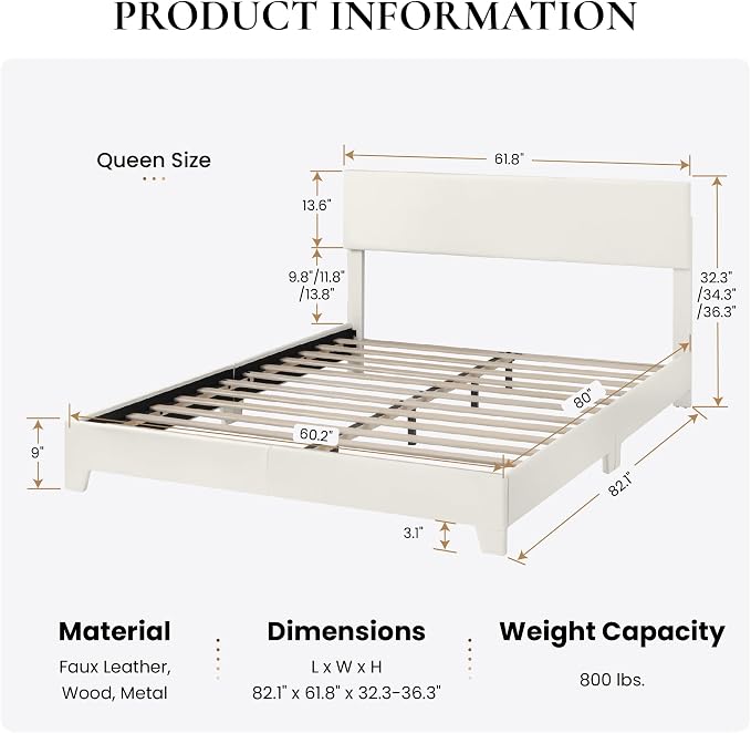 SHA CERLIN PU Leather Upholstered Queen Size Bed Frame with Headboard,White | Adjustable Low-Profile Platform Bed, Minimalist Design, Stable Mattress Foundation, Strong Back-Support, No Box Spring Needed