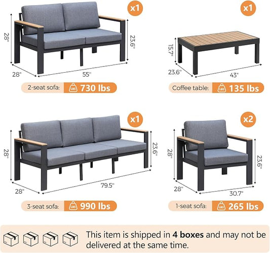 Aluminum Patio Furniture Set,Outdoor Sectional Sofa Set with Powder-Coated Frame, Weather Resistant Patio Conversation Set with Coffee Table, Removable Washable Cushions for Backyard Balcony Porch