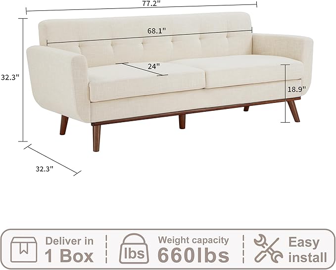 Kingfun 77.2" W Loveseat Sofa, Mid Century Modern Decor Love Seat Couches for Living Room, Button Tufted Upholstered Furniture, Solid & Easy to Install Small Couch for Bedroom Office Apartment, Beige