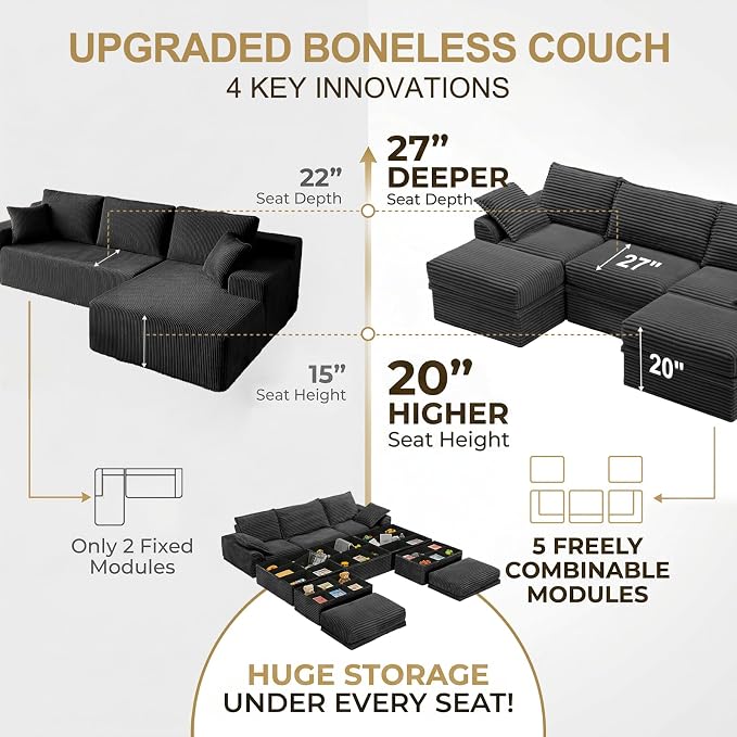 Upgrade Boneless Couch with Storage, Extra Deep&High Seat Modular Sectional Sofa 3 Seater U Shaped Cloud Couch with Ottoman, Tool-Free Assembly Sectional Couches for Living Room