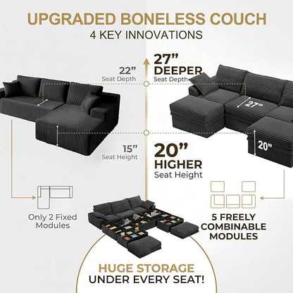 Upgrade Boneless Couch with Storage, Extra Deep&High Seat Modular Sectional Sofa 3 Seater U Shaped Cloud Couch with Ottoman, Tool-Free Assembly Sectional Couches for Living Room