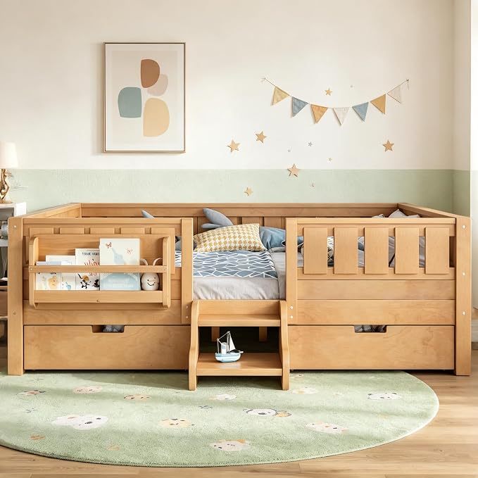 Bellemave Full Size Bed Frame with Storage Drawers & Bookshelf, Low Profile Kids Bed with Staircase & Full Length Guardrails, Solid Wood Full Size Bed Frame Kids with Slats Load 450 LBS, Natural