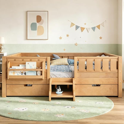 Bellemave Full Size Bed Frame with Storage Drawers & Bookshelf, Low Profile Kids Bed with Staircase & Full Length Guardrails, Solid Wood Full Size Bed Frame Kids with Slats Load 450 LBS, Natural