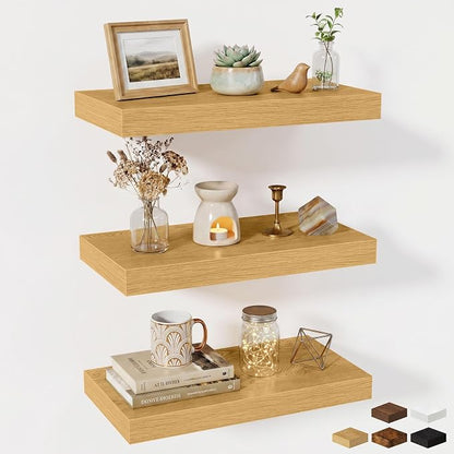 Fun Memories Wood Floating Shelves 20 Inch, 10 Inch Deep Shelves Wall Mount, Wall Shelves with Invisible Bracket, 20" Floating Shelves for Living Room Bathroom Bedroom, Oak, Set of 3