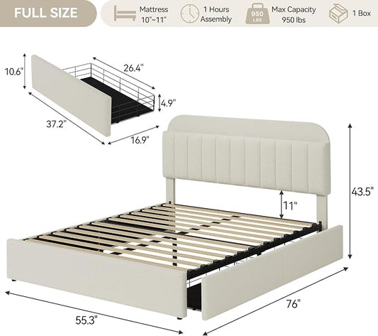 GarveeHome Full Bed Frame with Storage Headboard, Kids Bed Frame with 2 Drawers, Boucle Upholstered Platform Bed with Bookcase, No Box Spring Needed, Easy Assembly, Ivory White