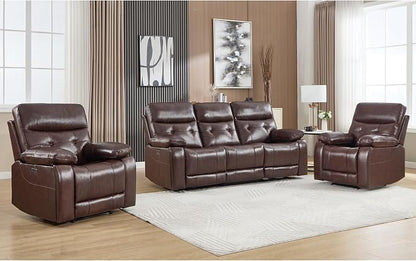 CANMOV Genuine Leather Power Recliner Sofa Set,Two Power Recliner Chair and Sofa Set, 3 Pieces Leather Couch with Hidden Cup Holders, USB Ports, for Living Room, Dark Brown