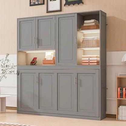 Ball & Cast Murphy Bed Twin Bed Frame with Top Cabinet,Hideaway Bedframe w/Shelves and Dual-Piston Metal Folding Mechanism,Space Saving Foldable Bed w/Light & USB,for Small Room,Gray