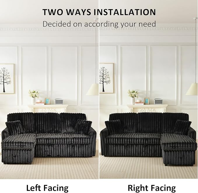 KCGKCG Sleeper Sofa Bed, 81” Pull Out Couch Bed with Reversible Storage Chaise, 3 in 1 L-Shaped Couch with Charging Station, Cup Holder, Side Pocket, Plush Corduroy Couches for Living Room(Black)