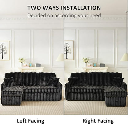 KCGKCG Sleeper Sofa Bed, 81” Pull Out Couch Bed with Reversible Storage Chaise, 3 in 1 L-Shaped Couch with Charging Station, Cup Holder, Side Pocket, Plush Corduroy Couches for Living Room(Black)