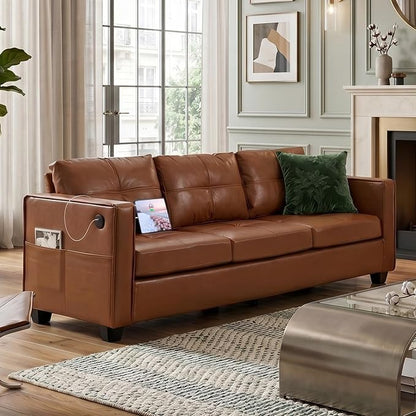 TYBOATLE 88" W Faux Leather Couches for Living Room w/Side Pockets, Tufted Mid-Century Modern Comfy Leather Couch w/USB and Wider Arms, 3 Seater Sofa for Office, Apartment, Bedroom, Brown