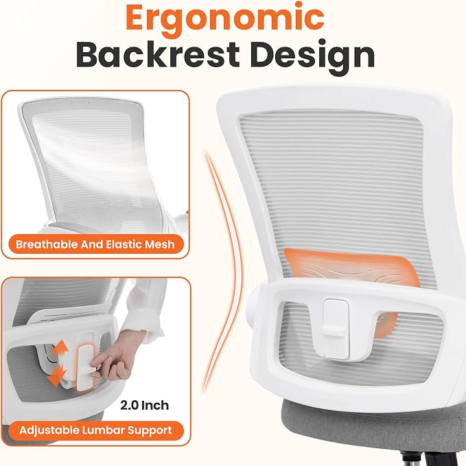 NEO CHAIR Office Desk Gaming Chair Computer High Back Mesh Seat with Rolling Wheels Ergonomic Adjustable Comfy Flip-up Armrests Lumbar Support Height for Home (Grey White Frame)