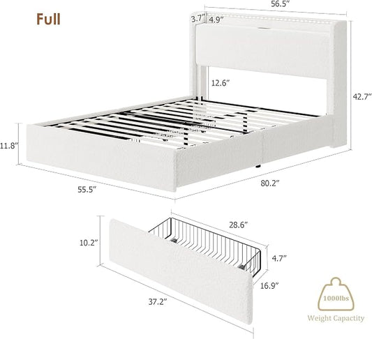 Full LED Bed Frame with 4 Storage Drawers and Storage Headboard, Soft Boucle Upholstered Platform Bed Frame with Charging Station and USB Ports, Solid Wood Slats Support, No Box Spring Needed, White