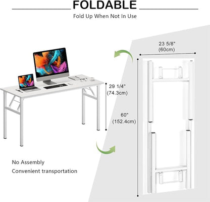 Need Home Office Desk Large Computer Desk 60 inch Sturdy Table Foldable Desk Gaming Computer Table No Assembly Required, White&White Frame AC5DW(152.4 * 60)