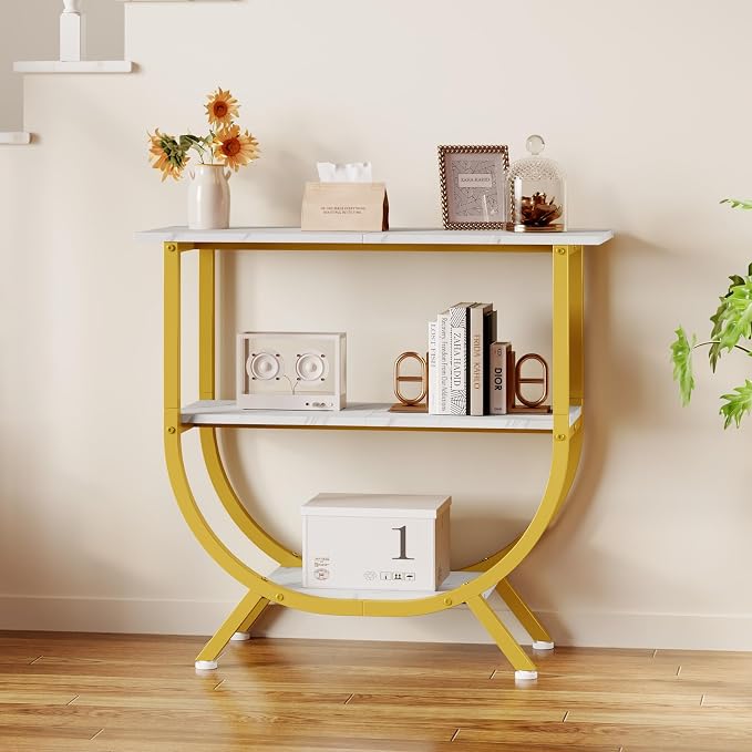 Trironsun 3 Tier Console Table with Storage 30" Height Entryway Table with Open Shelves Industrial Sofa Table Behind Couch for Living Room Hallway Entrance (Gold White)