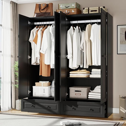Armoire Wardrobe Closet with Drawers: 74" Black Tall Wooden Wardrobe Closet for Hanging Clothes, Large Bedroom Armoires with 2 Drawers, 4 Door Armoire Storage Cabinet (Black, 63")