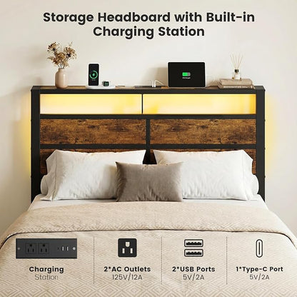 Full Size Metal Bed Frame with Storage Headboard, LED Lights and USB Charging Ports, Brown Platform Bed with Sturdy Slats, No Box Spring Needed, Easy Assembly, Noise Free