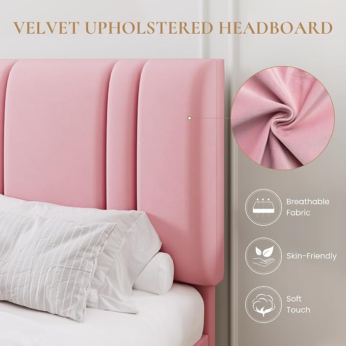 SHA CERLIN Full Size Platform Bed Frame, Velvet Upholstered Bed with Adjustable Headboard, Vertical Channel Tufted Design, Sturdy Wood Slat Support, No Box Spring Needed, Easy Assembly, Pink