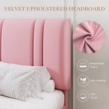 SHA CERLIN Full Size Platform Bed Frame, Velvet Upholstered Bed with Adjustable Headboard, Vertical Channel Tufted Design, Sturdy Wood Slat Support, No Box Spring Needed, Easy Assembly, Pink
